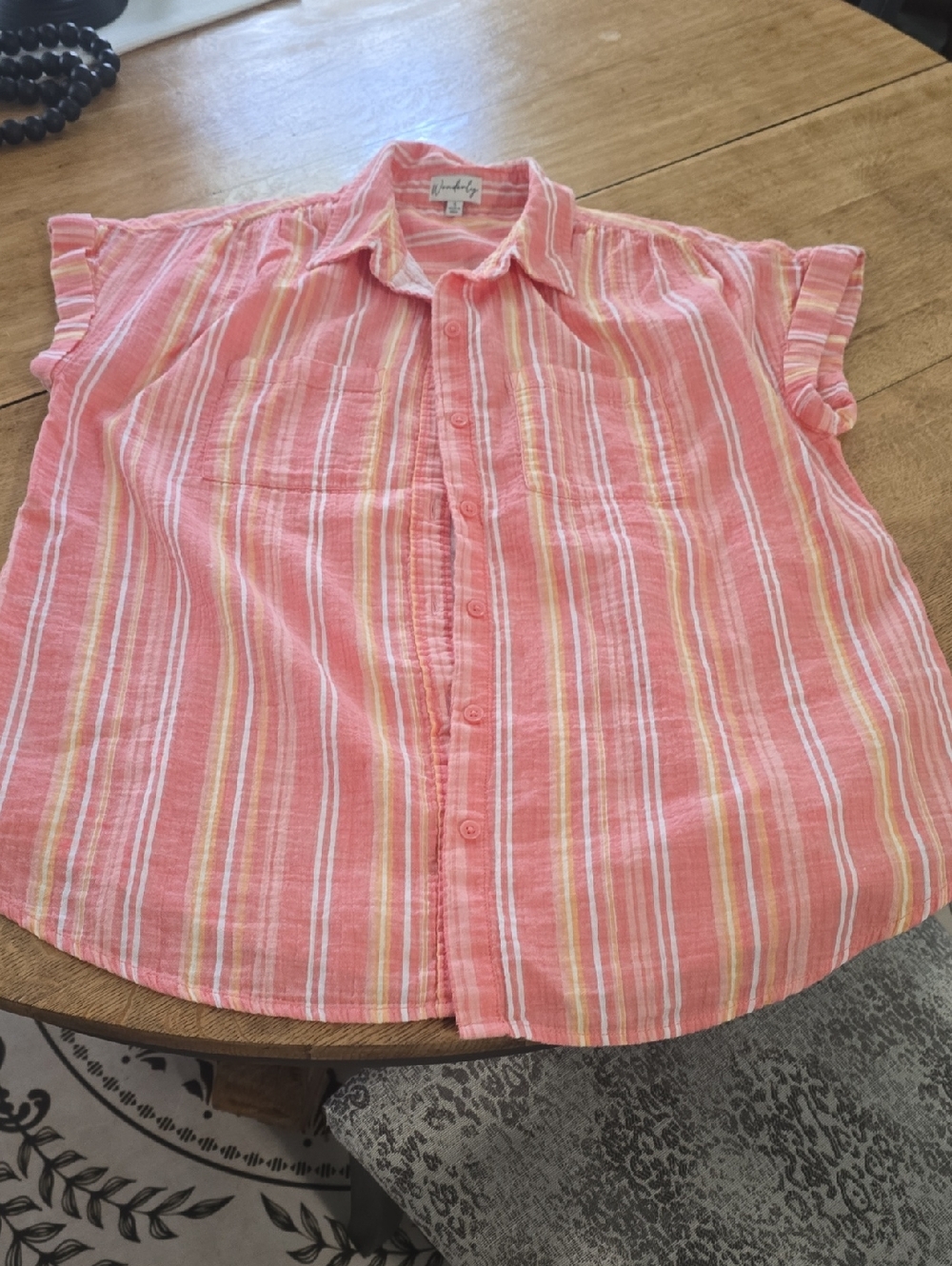 Wonderly Coral Pink Striped Button-Front Womens Top
